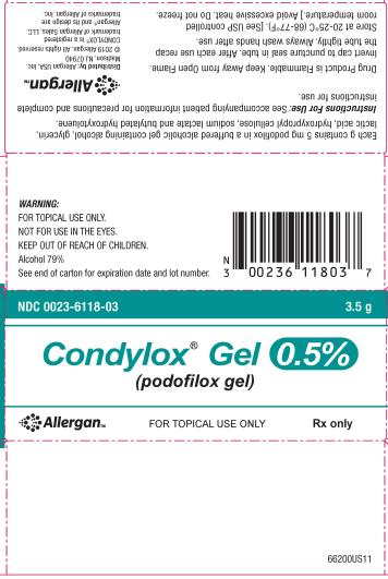PRINCIPAL DISPLAY PANEL  NDC 0023-6118-03  3.5 g  Condylox® Gel 0.5%  (podofilox gel)  Allergan™  FOR TOPICAL USE ONLY  Rx only  