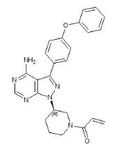 The following structure for Ibrutinib is kinase inhibitor. It is a white to off-white solid with the empirical formula C25H24N6O2 and a molecular weight 440.50. Ibrutinib is freely soluble in dimethyl sulfoxide, soluble in methanol and practically insoluble in water. The chemical name for ibrutinib is 1-[(3R)-3-[4-amino-3-(4-phenoxyphenyl)-1H-pyrazolo[3,4 d]pyrimidin-1-yl]-1-piperidinyl]-2-propen-1-one and has
