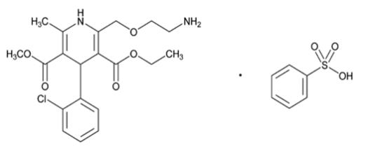The structural formula for amlodipine besylate is chemically described as 3-ethyl-5-methyl (±)-2-[(2-aminoethoxy)methyl]-4-(2-chlorophenyl)-1,4-dihydro-6-methyl-3,5-pyridinedicarboxylate,
monobenzene