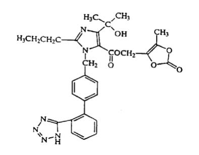 The structural formula for olmesartan medoxomil is chemically described as 2,3-dihydroxy-2-butenyl 4-(1-hydroxy-1-methylethyl)-2-propyl-1-[p-(o-1H-tetrazol-5-ylphenyl)benzyl]imidazole-5-carboxylate,
c