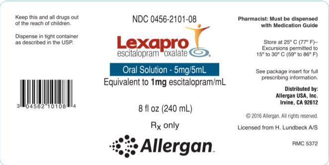 NDC 0456-2101-08  Lexapro  escitalopram  Oral Solution 5 mg/5mL  8 fl oz (240 mL)  Rx Only  