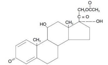 The following structure for Prednisolone acetate ophthalmic suspension, USP 1% is a sterile, topical anti-inflammatory agent for ophthalmic use.  Its chemical name is 11ß,17, 21-Trihydroxypregna-1,4-diene-3, 20-dione 21-acetate.