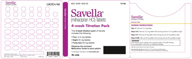 PRINCIPAL DISPLAY PANEL  NDC 0456-1500-55  Savella®  (milnacipran HCI) Tablets  4-week Titration Pack  This 4-week titration pack of Savella  includes the following:  •       Five 12.5 mg tablets  •       Eight 25 mg tablets  •       Forty-two 50 mg tablets  Dispense the enclosed Medication Guide to each patient.  For additional information, visit www.savella.com  Rx only  abbvie  