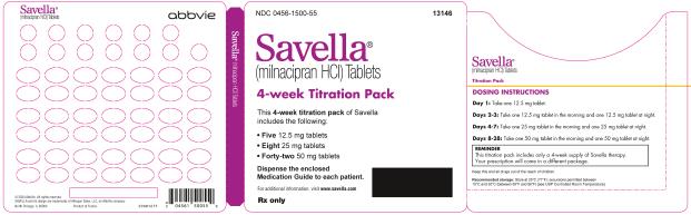PRINCIPAL DISPLAY PANEL  NDC 0456-1500-55  Savella®  (milnacipran HCI) Tablets  4-week Titration Pack  This 4-week titration pack of Savella  includes the following:  •       Five 12.5 mg tablets  •       Eight 25 mg tablets  •       Forty-two 50 mg tablets  Dispense the enclosed Medication Guide to each patient.  For additional information, visit www.savella.com  Rx only  abbvie  
