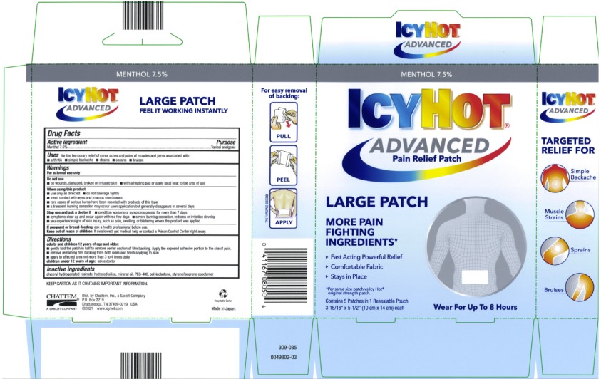 Principal Display Panel  ICY HOT®  ADVANCED RELIEF  PAIN RELIEF PATCH  ADVANCED RELIEF at the POINT of PAIN  50% MORE MEDICINE  LONG LASTING RELIEF  FLEXIBLE, NO MESS FABRIC  Easy to Apply and Remove  Contains 4 Patches in 1 Resalable Pouch  3 15/16” x 5 ½” (10 cm x 14 cm) each  