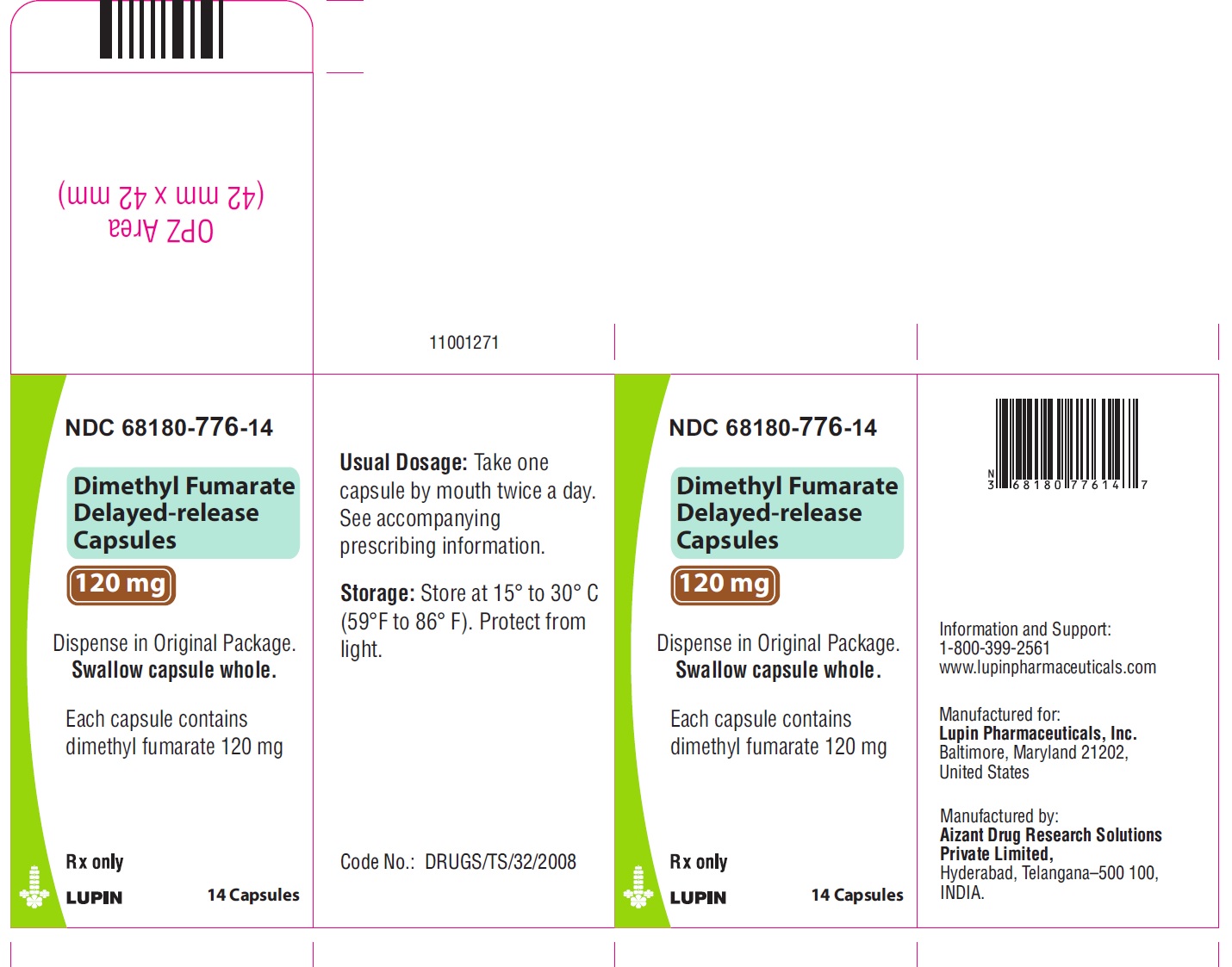 NDC 68180-776-14  Dimethyl Fumarate Delayed-Release Capsules  120 mg  7-day bottle of 14 capsules