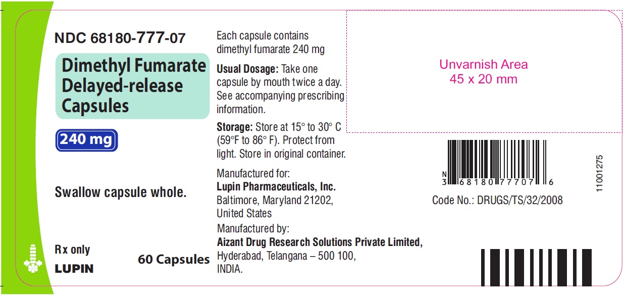 NDC 68180-777-07  Dimethyl Fumarate Delayed-Release Capsules  240 mg  30-day bottle of 60 capsules