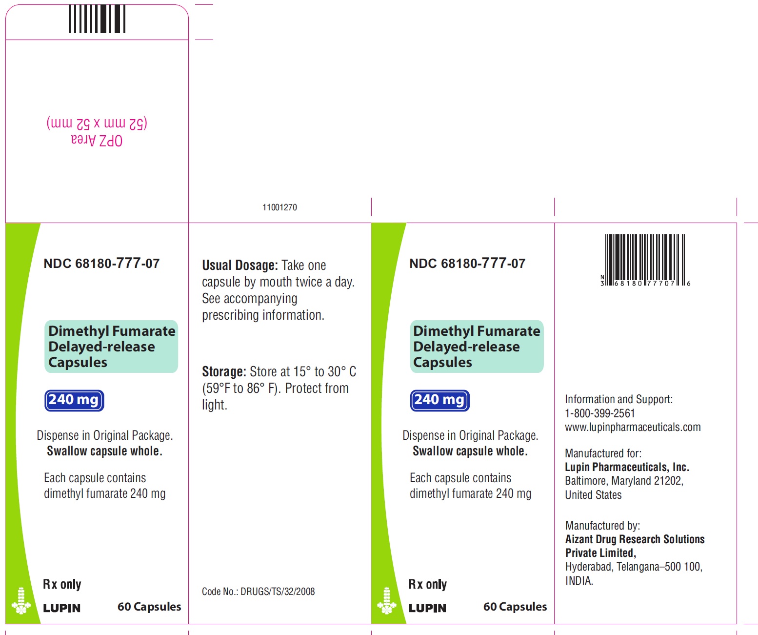 NDC 68180-777-07  Dimethyl Fumarate Delayed-Release Capsules  240 mg  30-day bottle of 60 capsules