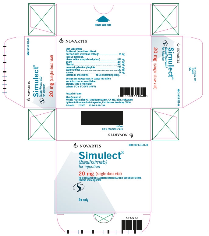 NOVARTIS  							NDC 0078-0331-84 							Simulect® 							(basiliximab) 							for injection 							20 mg (single-dose vial) 							FOR INTRAVENOUS ADMINISTRATION AFTER RECONSTITUTION. 							Rx only