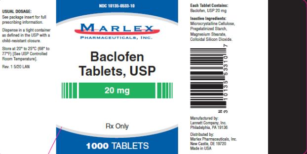 NDC 10135-0533-10 Baclofen Tablets, USP 20 mg Rx Only 1000 TABLETS