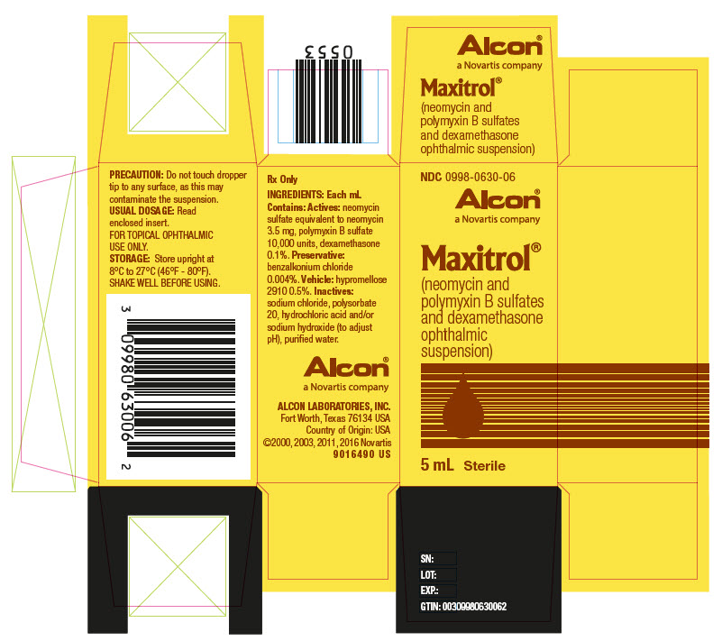 NDC 0998-0630-06  Alcon®  Maxitrol®  (neomycin and  polymyxin B sulfates  and dexamethasone  ophthalmic  suspension)  5 mL   Sterile  							