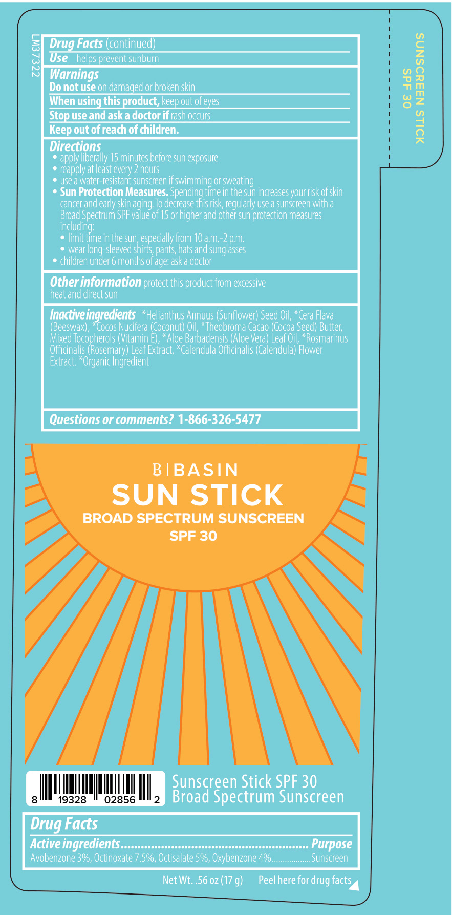 Basin Sun Stick SPF 30 Broad Spectrum Sunscreen 0.56 oz label artwork