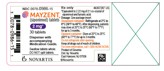 PRINCIPAL DISPLAY PANEL  								NDC 0078-0986-15 								Rx only 								MAYZENT® 								(siponimod) tablets 								2 mg* 								30 tablets 								Dispense with accompanying Medication Guide. 								Swallow tablets whole. DO NOT split tablets. 								NOVARTIS 							