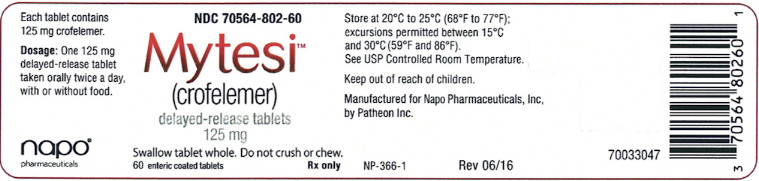 PRINCIPAL DISPLAY PANEL  NDC 70564-802-60 Mytesi (crofelemer) delayed-release tablets 125 mg Swallow tablet whole. Do not crush or chew. 60 enteric coated tablets Rx only