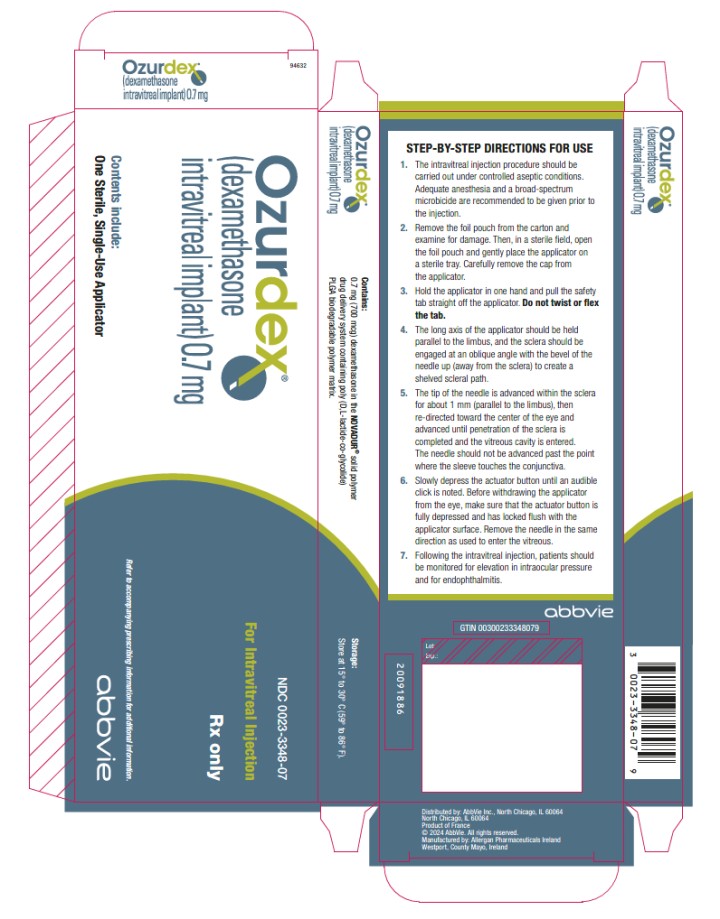 NDC 0023-3348-07  Ozurdex®  (dexamethasone  intravitreal implant) 0.7 mg  abbvie  For Intravitreal Injection  Contents include:  One Sterile, Single-Use Applicator  Rx Only  Refer to accompanying prescribing information for additional information.  