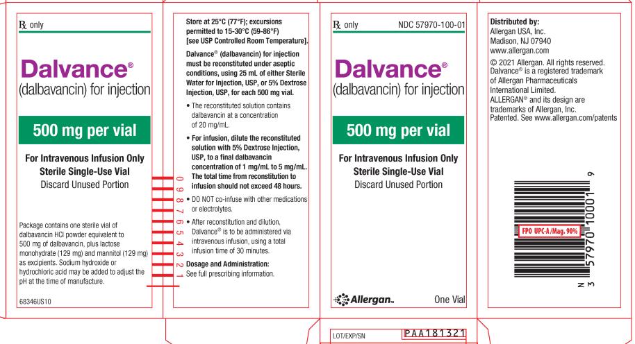 PRINCIPAL DISPLAY PANEL  NDC 57970-100-01  Rx Only  DALVANCE  (dalbavancin) for Injection  500 mg per vial  For Intravenous Infusion Only  Sterile Single-Use Vial  Discard Unused Portion  One Vial