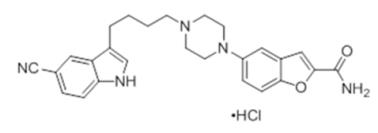 The structural formula for Vilazodone HCl is 2-benzofurancarboxamide, 5-[4-[4-(5-cyano-1H-indol-3-yl)butyl]-1-piperazinyl]-, hydrochloride
(1:1). Its molecular weight is 477.99.
