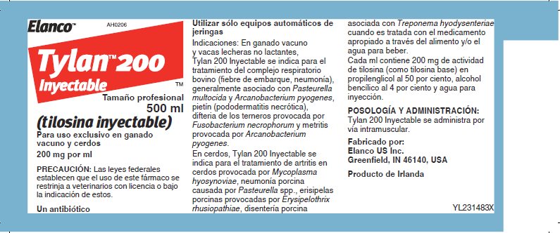 Tylan 200 Inyectable (tilosina inyectable) 200 mg por ml Bottle Label - 500 mL