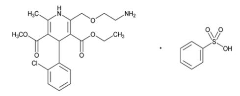 The structural formula for amlodipine besylate is chemically described as 3 ethyl 5-methyl (±)-2-[(2-aminoethoxy)methyl]-4-(2-chlorophenyl)-1,4-dihydro-6-methyl-3,5-pyridinedicarboxylate,
monobenzenesulphonate.  Its empirical formula is C20H25CIN2O5•C6H6O3S.
