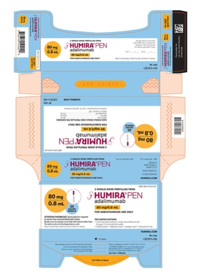 NDC 0074–0124–02  2 SINGLE-DOSE PREFILLED PENS  HUMIRA® PEN  adalimumab  80 mg/0.8 mL  FOR SUBCUTANEOUS USE ONLY  80 mg/0.8 mL  29 GAUGE NEEDLE  ATTENTION PHARMACIST: Each patient is required to receive the enclosed Medication Guide.  Needle cover for syringe is not made with natural rubber latex.  The entire carton is to be dispensed as a unit.  Return to pharmacy if dose tray seal is broken or missing.  THIS CARTON CONTAINS:  • 2 dose trays (each containing 1 single-dose prefilled pen with 29 gauge 1/2 inch length fixed needle)  • 2 alcohol preps  • 1 Medication Guide  • 1 package insert  • 1 Instructions for Use  HUMIRA.COM  Rx only  abbvie  