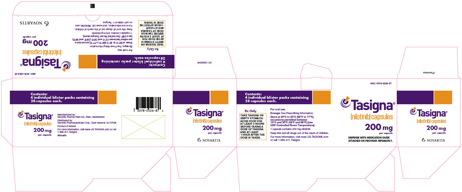 PRINCIPAL DISPLAY PANEL  								NDC 0078-0526-87 								Tasigna® 								(nilotinib) capsules 								200 mg per capsule 								DISPENSE WITH MEDICATION GUIDE ATTACHED OR PROVIDED SEPARATELY. 								NOVARTIS 							