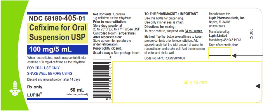 CEFIXIME FOR ORAL SUSPENSION USP  100 mg/5 mL  Rx only  NDC 68180-405-01: Bottle of 50 mL