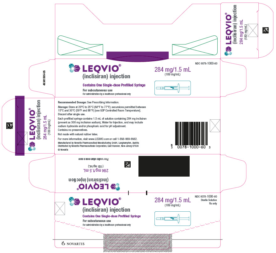 PRINCIPAL DISPLAY PANEL  									LEQVIO® 									(inclisiran) injection 									Contains One Single-dose Prefilled Syringe 									For subcutaneous use 									For administration by a healthcare professional only 									284 mg/1.5 mL 									(189 mg/mL) 									NDC 0078-1000-60 									Sterile Solution 									Rx only 									NOVARTIS 							