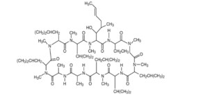 The following structure formula for RESTASIS MULTIDOSETM is (cyclosporine ophthalmic emulsion) 0.05% contains a calcineurin inhibitor immunosuppressant with anti-inflammatory effects. Cyclosporine’s chemical name is Cyclo[[(E)-(2S,3R,4R)-3-hydroxy-4-methyl-2-(methylamino)-6-octenoyl]-L-2-aminobutyryl-
N-methylglycyl-N-methyl-L-leucyl-L-valyl-N-methyl-L-leucyl-L-alanyl-D-alanyl-
N-methyl-L-leucyl-N-methyl-L-leucyl-N-methyl-L-valyl]
