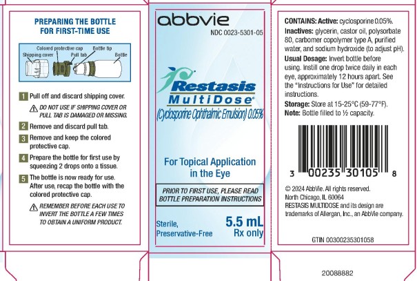 NDC 0023-5301-05  abbvie  Restasis  MultiDose™  (Cyclosporine Ophthalmic Emulsion) 0.05%  For Topical Application  In the Eye  PRIOR TO FIRST USE, PLEASE READ  BOTTLE PREPARATION INSTRUCTIONS  Sterile, 5.5 mL  Preservative-Free Rx Only  