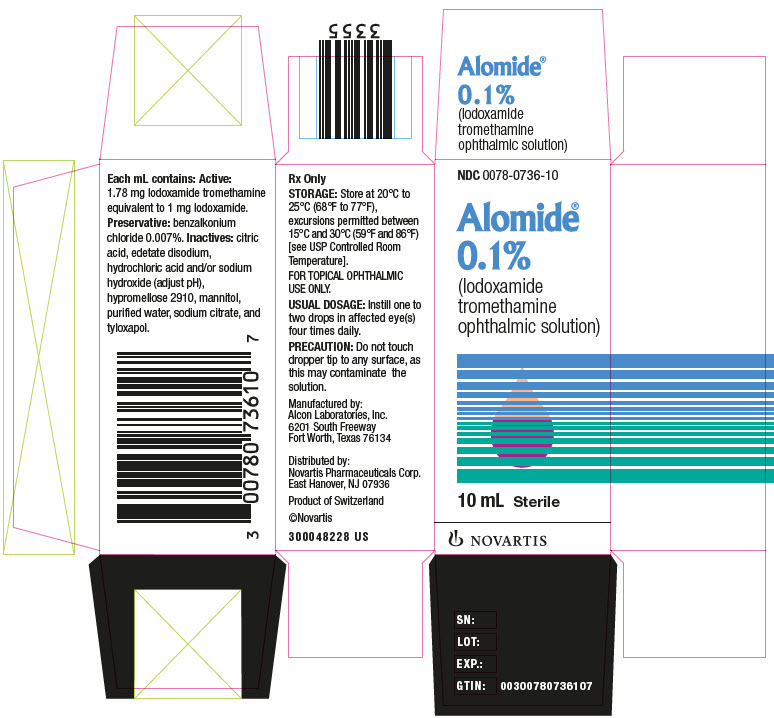 PRINCIPAL DISPLAY PANEL  							NDC 0078-0736-10 							Alomide® 							0.1% 							(lodoxamide tromethamine ophthalmic solution) 							10 mL Sterile 							NOVARTIS 							