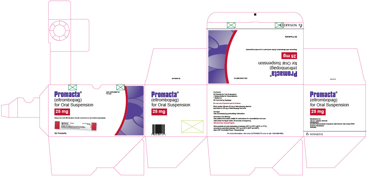 NDC 0078-0697-61  								Rx only 								Promacta® 								(eltrombopag) 								for Oral Suspension 								25 mg 								Dispense with Medication Guide enclosed or provided separately. 								30 Packets 								NOVARTIS 							