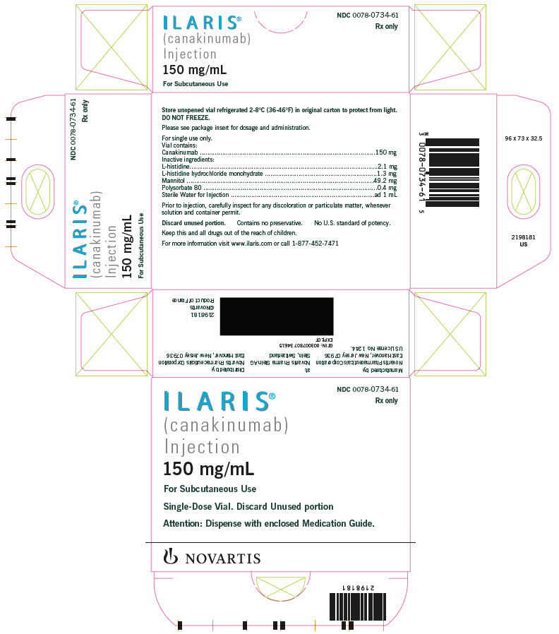 PRINCIPAL DISPLAY PANEL  							NDC 0078-0734-61  							ILARIS®  							(canakinumab)  							Injection  							150 mg/mL 							For Subcutaneous Use 						    Single-Dose Vial. Discard Unused portion 							Attention: Dispense with enclosed Medication Guide. 							NOVARTIS 							