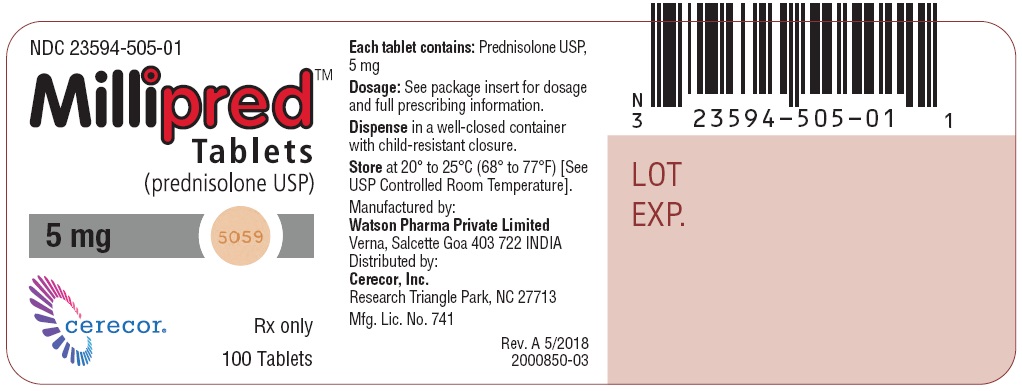 NDC 23594-505-01 Millipred Tablets (prednisolone USP) 5 mg Zylera 100 Tablets Rx only