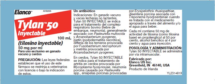 Tylan 50 Inyectable (tilosina inyectable) 50 mg por mL Bottle Label