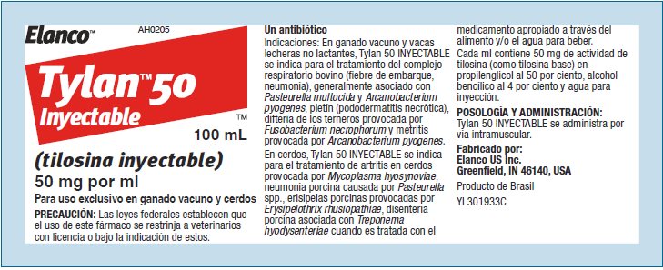 Tylan 50 Inyectable (tilosina inyectable) 50 mg por mL Bottle Label
