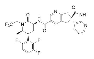 The active ingredient of TRADENAME is atogepant, a calcitonin gene-related peptide (CGRP) receptor antagonist. The chemical name of atogepant is (S)-N-((3S,5S,6R)-6-methyl-2-oxo-1-(2,2,2-trifluoroethyl)-5-(2,3,6-trifluorophenyl)piperidin-3-yl)-2'-oxo-1',2',5,7-tetrahydrospiro[cyclopenta[b]pyridine-6,3'-pyrrolo[2,3-b]pyridine]-3-carboxamide
and has the following structural
formula: