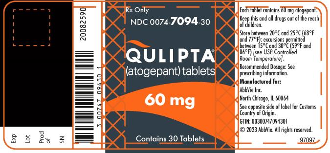PRINCIPAL DISPLAY PANEL  NDC 0074-7094-30  Rx Only  QULIPTA®  (atogepant) tablets  60 mg  Contains 30 Tablets  