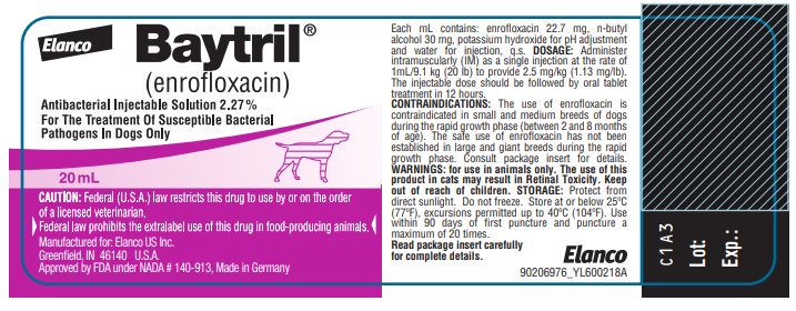 Baytril (enrofloxacin) Antibacterial Injectable Solution 2.27% Bottle Label