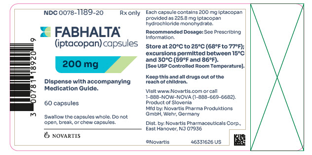 PRINCIPAL DISPLAY PANEL  								NDC 0078-1189-20 								Rx only 								FABHALTA® 								(iptacopan) capsules 								200 mg 								Dispense with accompanying Medication Guide. 								60 capsules 								Swallow the capsules whole. Do not open, break, or chew capsules. 								NOVARTIS 							