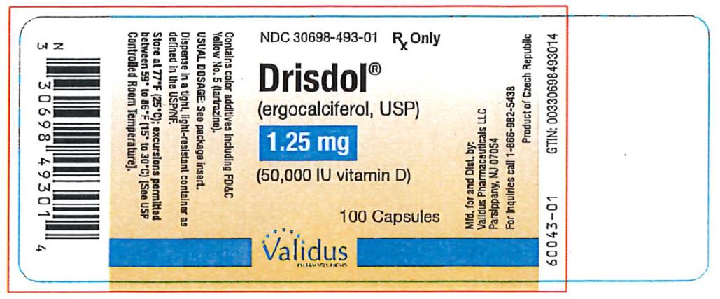 PRINCIPAL DISPLAY PANEL  NDC 30698-493-01  Drisdol  (ergocalciferol, USP)  1.25  (50,000 IU vitamin D)  100 Capsules  Rx Only  