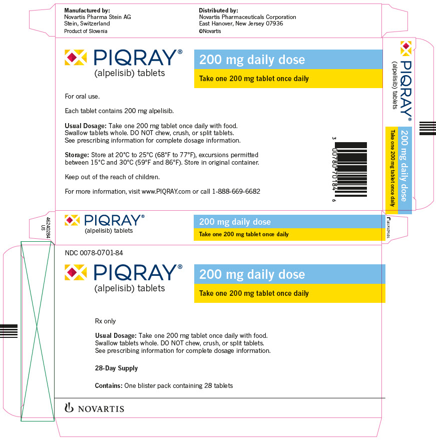   								PRINCIPAL DISPLAY PANEL 								NDC 0078-0701-84 								PIQRAY® 								(alpelisib) tablets 								200 mg daily dose 								Take one 200 mg tablet once daily 								Rx only 								Usual Dosage: Take one 200 mg tablet once daily with food. 								Swallow tablets whole. DO NOT chew, crush, or split tablets. 								See prescribing information for complete dosage information. 								28-Day Supply 								Contains: One blister pack containing 28 tablets 								NOVARTIS 							