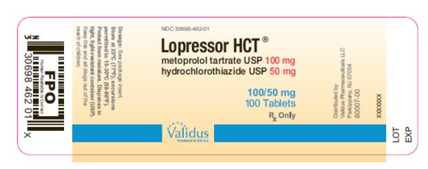NDC 30698-462-01  Lopressor HCT®  metoprolol tartrate USP 100 mg  hydrochlorothiazide USP 50 mg  100/50 mg  100 Tablets  Rx Only  