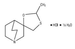The structural formula for Cevimeline is cis -2’-methylspiro{1-azabicyclo [2.2.2] octane-3, 5’-[1,3] oxathiolane} hydrochloride, hydrate (2:1).
Its empirical formula is
C10H17NOS.HCl.