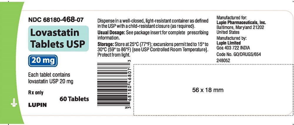 NDC 68180-468-07  LOVASTATIN TABLETS USP  20 mg  Rx only  Bottle of 60 Tablets
