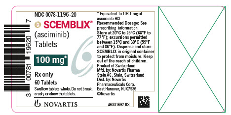 PRINCIPAL DISPLAY PANEL  								NDC 0078-1196-20 								SCEMBLIX® 								(asciminib) Tablets 								100 mg* 								Rx only 								60 Tablets 								Swallow tablets whole. Do not break, crush, or chew the tablets. 								NOVARTIS
