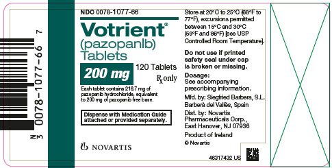PRINCIPAL DISPLAY PANEL  									NDC 0078-1077-66 									Votrient® 									(pazopanlb) 									Tablets 									200 mg 									120 Tablets 									Rx only 									Each tablet contains 216.7 mg of pazopanib hydrochloride, equivalent to 200 mg of pazopanib free base. 									Dispense with Medication Guide attached or provided separately. 									NOVARTIS 							