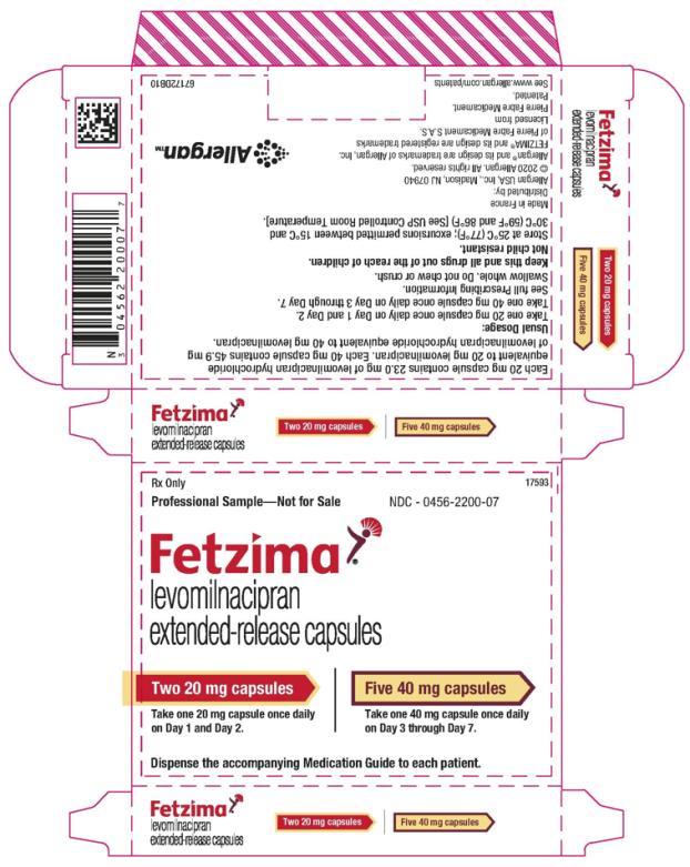 Rx Only   Professional Sample-Not for Sale  NDC 0456-2200-07  Fetzima®  levomilnacipran  extended-release capsules  Titration Pack  Two 20 mg Capsules  Take one 20 mg capsule once daily  On Day 1 and Day 2.  Five 40 mg capsules  Take one 40 mg capsule once daily  On Day 3 through Day 7.  Dispense the accompanying Medication Guide to each patient.  
